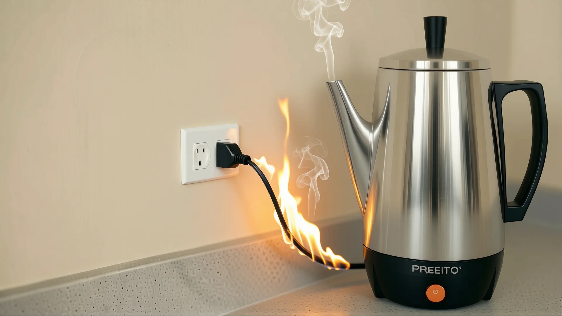 A stainless steel electric kettle plugged into a wall outlet with its power cord on fire and smoke rising.