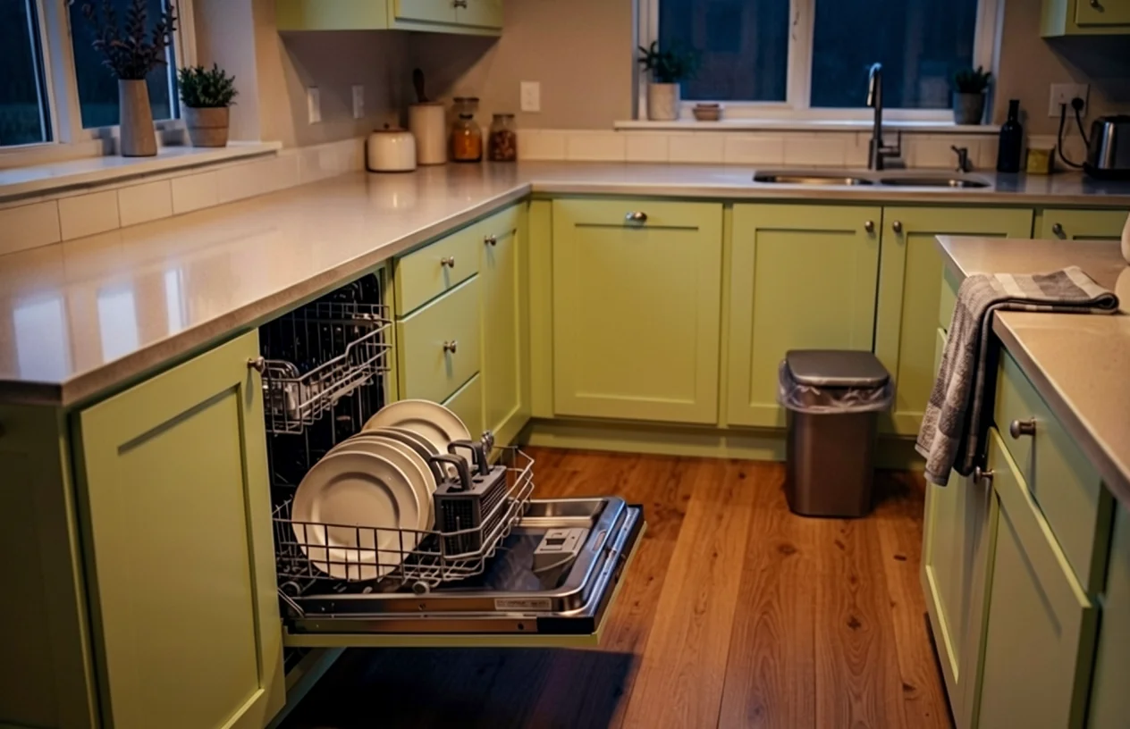 A kitchen with light green cabinets and a wooden floor featuring an open dishwasher loaded with white plates.