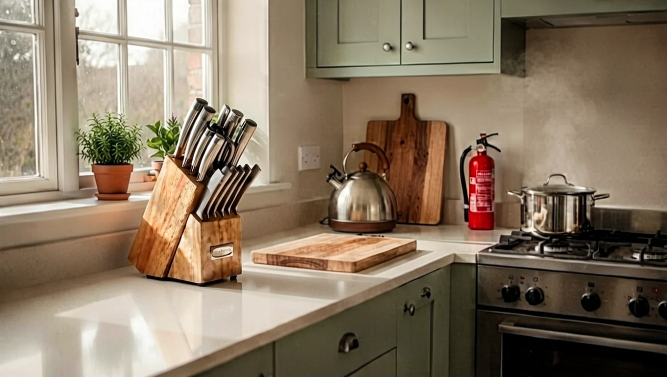 A tidy kitchen counter with a wooden knife block, cutting board, kettle, and a red fire extinguisher mounted beside a stovetop with a lidded pot.