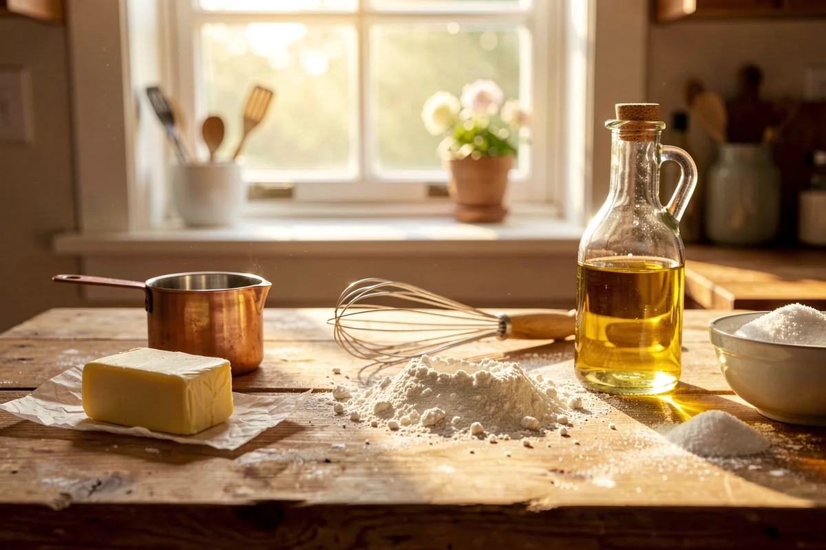 Baking ingredients including a stick of butter, a bottle of oil, a pile of flour, a whisk, a copper measuring cup, and a bowl of sugar arranged on a sunlit wooden kitchen table.