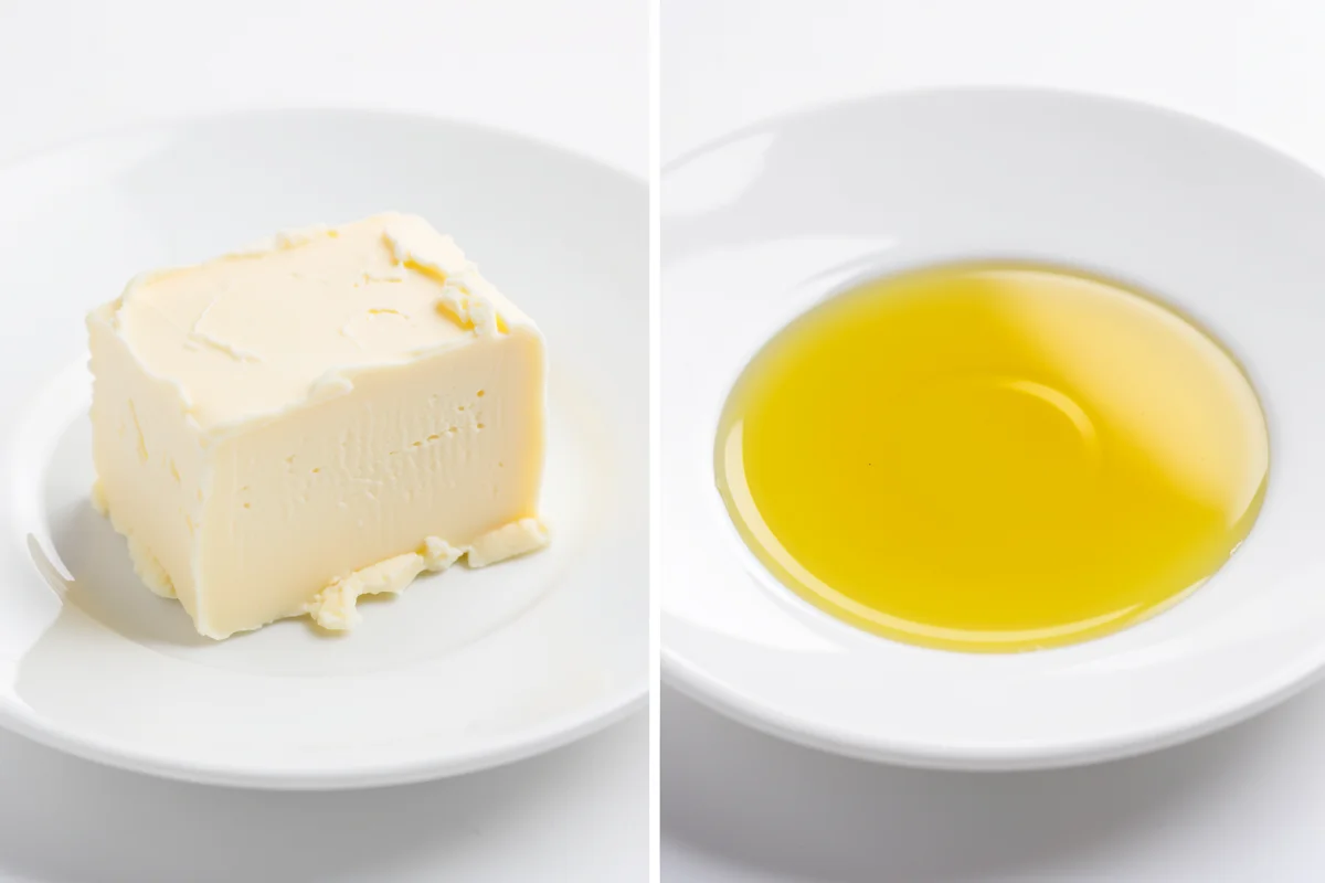 A split image showing a block of pale butter on a white plate beside a bowl of yellow cooking oil.