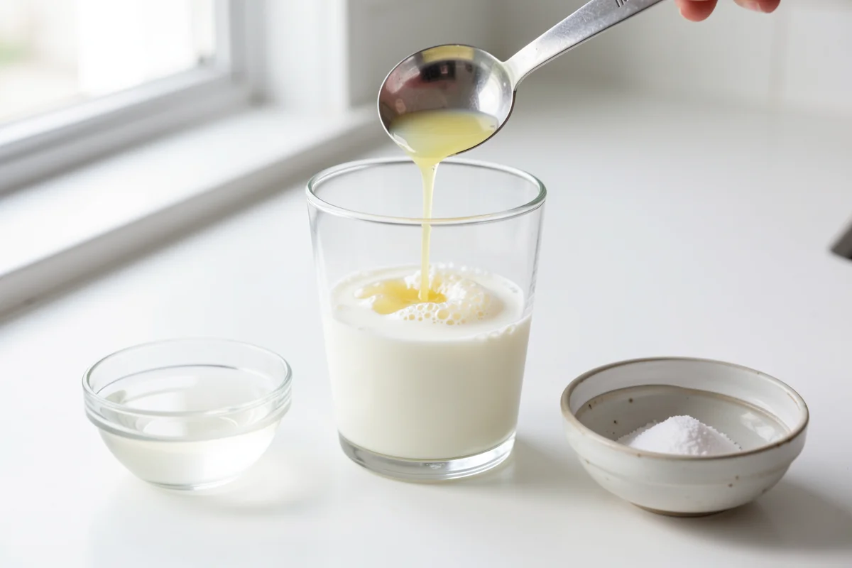 A spoon pours lemon juice into a glass of milk next to small bowls of clear vinegar and white cream of tartar powder on a white countertop.