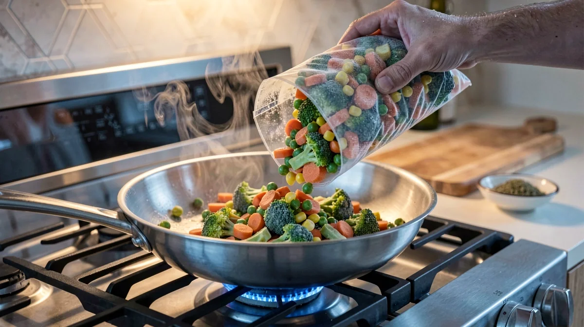 A hand pours frozen mixed vegetables from a plastic bag into a steaming frying pan on a gas stovetop burner.