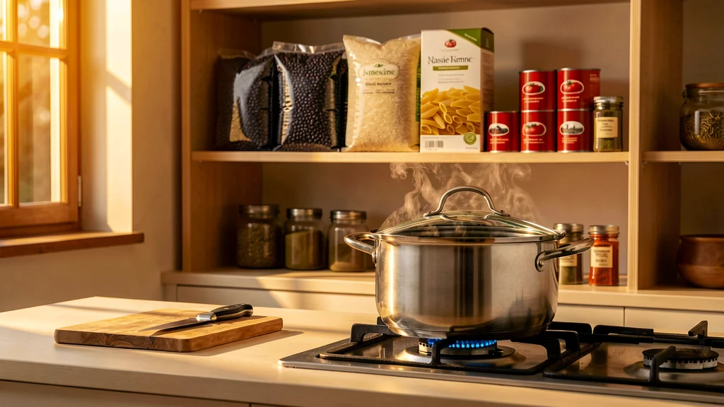 A steaming stainless steel pot simmers on a gas stovetop in a sunlit kitchen, with shelves behind it stocked with bags of beans and rice, a pasta box, canned tomatoes, and jars of spices.