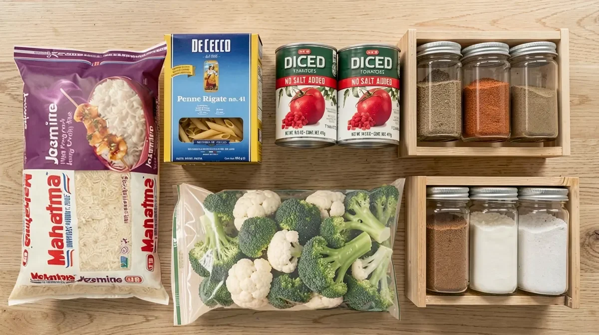 A flat-lay on a wooden table showing a bag of jasmine rice, a box of penne rigate pasta, two cans of diced tomatoes, a bag of frozen broccoli and cauliflower, and two wooden spice boxes holding jars of seasonings.