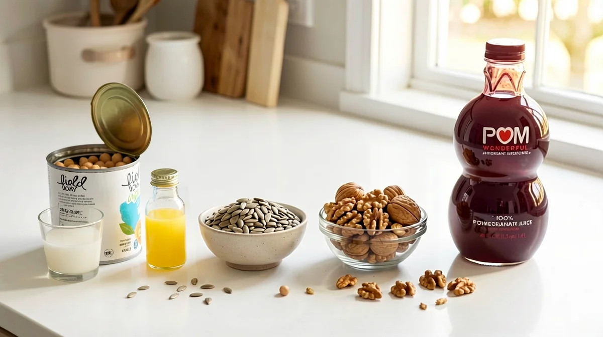 An open can of beans, a glass of milk, a bottle of orange juice, a bowl of sunflower seeds, a bowl of walnuts, and a bottle of pomegranate juice arranged on a white kitchen counter.