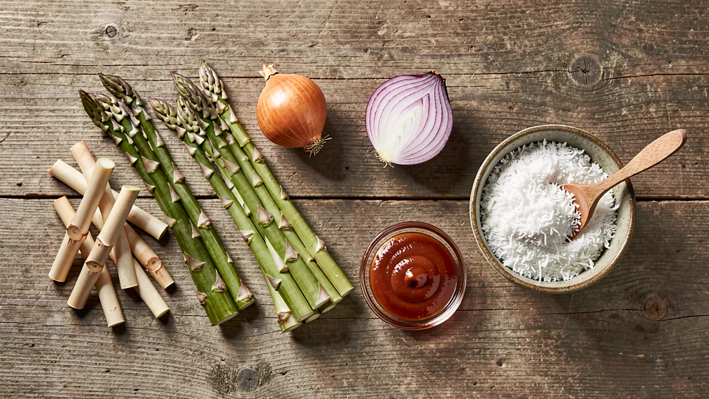 A flat-lay of raw ingredients on rustic wood, including bamboo shoots, asparagus, a whole yellow onion, a halved red onion, a small bowl of sauce, and a bowl of white rice with a wooden spoon.
