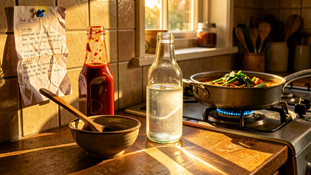 A sunlit kitchen counter holds a bowl with a wooden spoon, a bottle of red sauce, and a glass water bottle beside a pot of vegetable curry simmering on a lit gas stove, with a handwritten note pinned to the tiled wall.