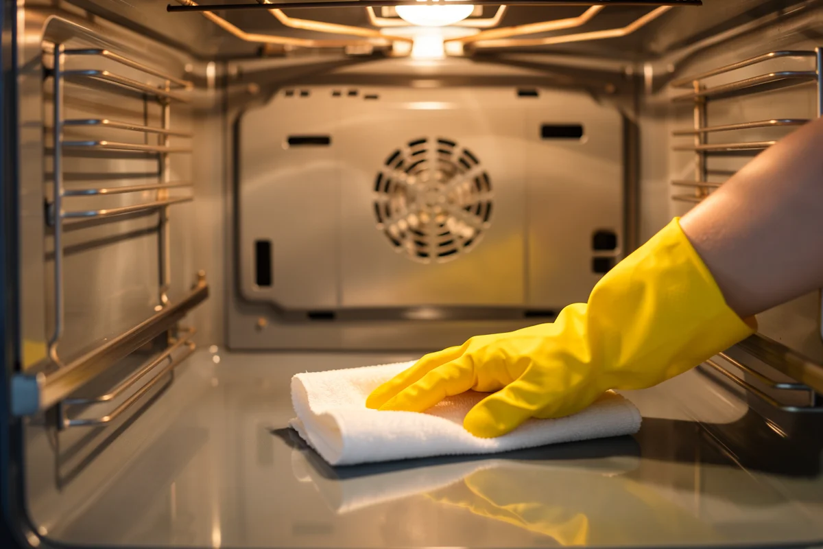 A hand in a yellow rubber glove wipes the glass floor of a stainless steel kitchen oven with a white cleaning cloth.