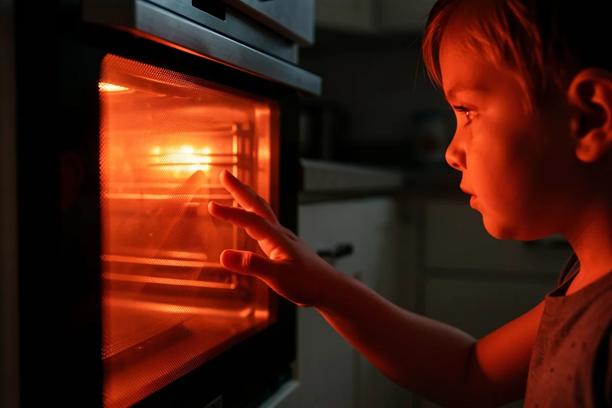 A young child in profile reaches a hand toward the glass door of a lit, glowing kitchen oven.